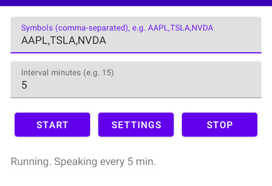 Stock Audio Ticker app interface