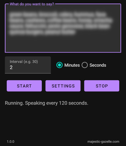 Your Words Repeater app interface showing text, interval selection, and running status